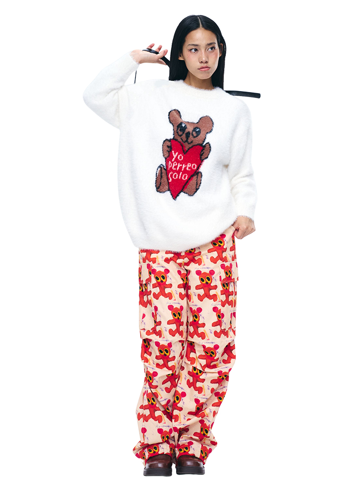 Heart Bear Jacquard Sweater - White Loose Pullover Knit Top, Y2K Style, Cozy Knitwear, Casual Women's Fashion Heart Bear Jacquard Sweater - White Loose Pullover Knit Top, Y2K Style, Cozy Knitwear, Casual Women's Fashion