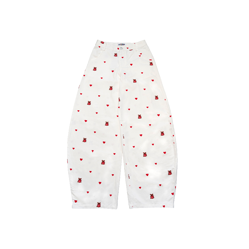Heart Bear Print Curved Pants in White - Trendy Y2K Style for Casual Comfort and Unique Fashion Statement