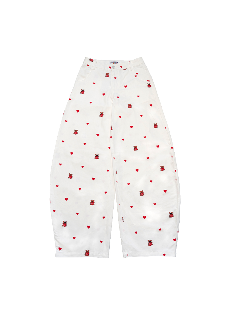 Heart Bear Print Curved Pants in White - Trendy Y2K Style for Casual Comfort and Unique Fashion Statement Heart Bear Print Curved Pants in White - Trendy Y2K Style for Casual Comfort and Unique Fashion Statement