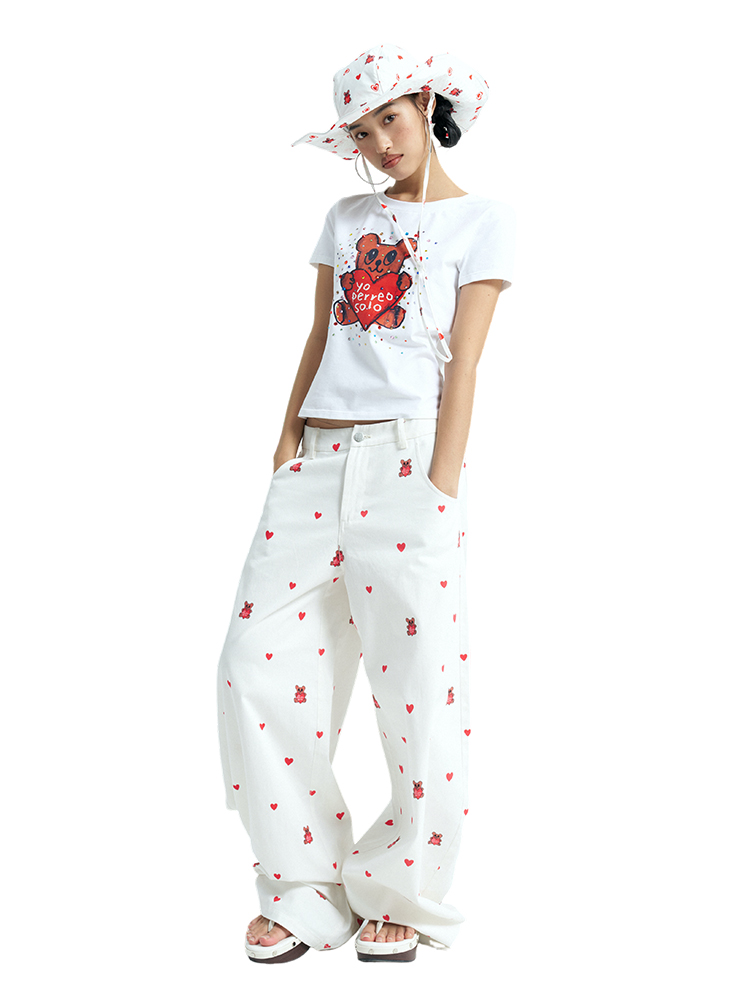 Heart Bear Print Curved Pants in White - Trendy Y2K Style for Casual Comfort and Unique Fashion Statement Heart Bear Print Curved Pants in White - Trendy Y2K Style for Casual Comfort and Unique Fashion Statement