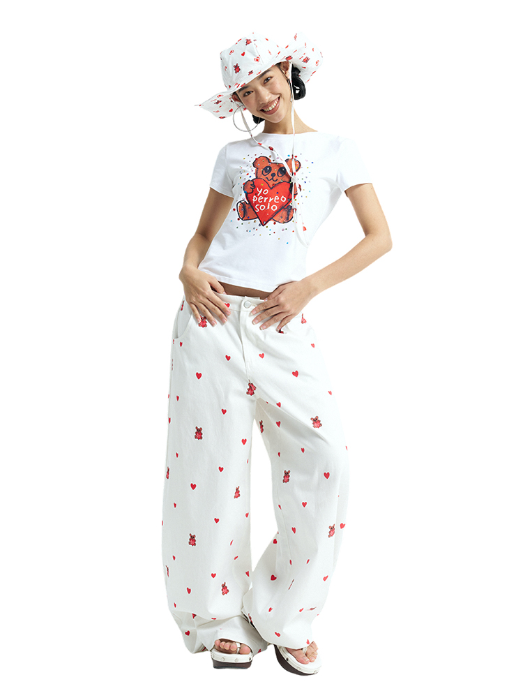 Heart Bear Print Curved Pants in White - Trendy Y2K Style for Casual Comfort and Unique Fashion Statement