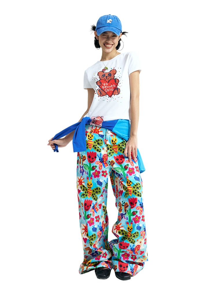 Heart Bear Print Rhinestone Shoulder White T-shirt - Cute Graphic Tee, Casual Fashion, Y2K Style, Trendy Summer Top