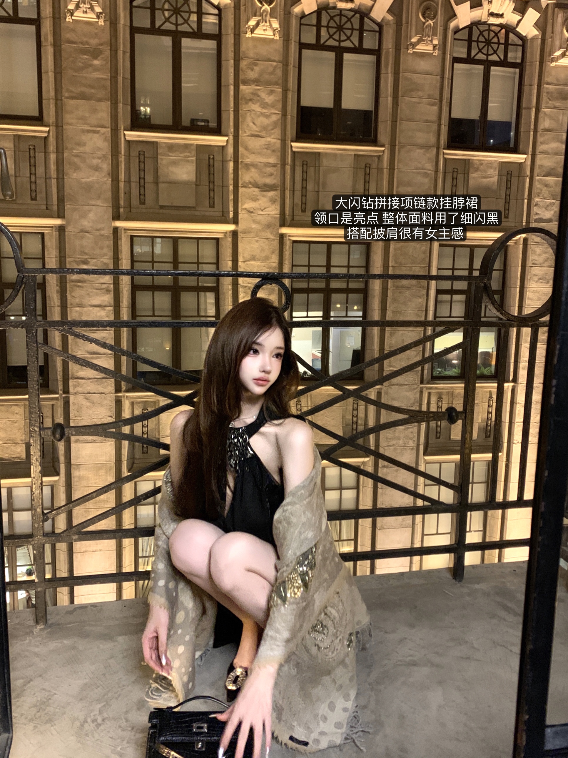 Heavy Embellished Diamond Necklace Collar Black Dress with Sparkling Neckline - Elegant Evening Wear, 90s Inspired Fashion