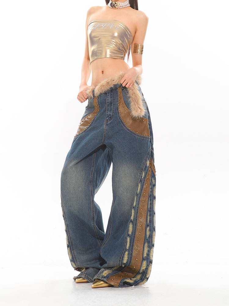 Heavy Wash Retro Beaded Patchwork Wide-Leg Jeans for Women - Niche 90s Inspired Style for Winter Fashion