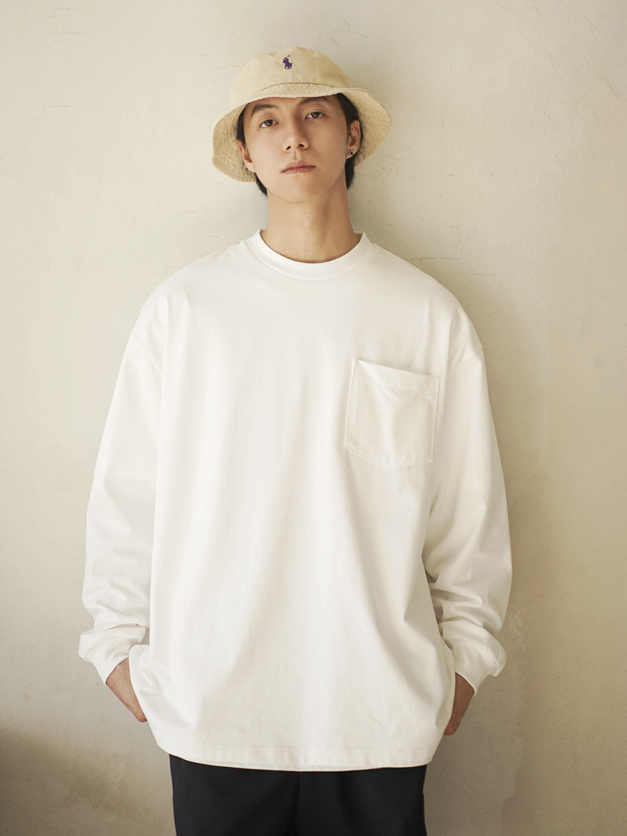 Heavyweight 300G Pure Cotton White Long Sleeve T-Shirt for Men - Small Collar Casual Streetwear City Boy Base Shirt