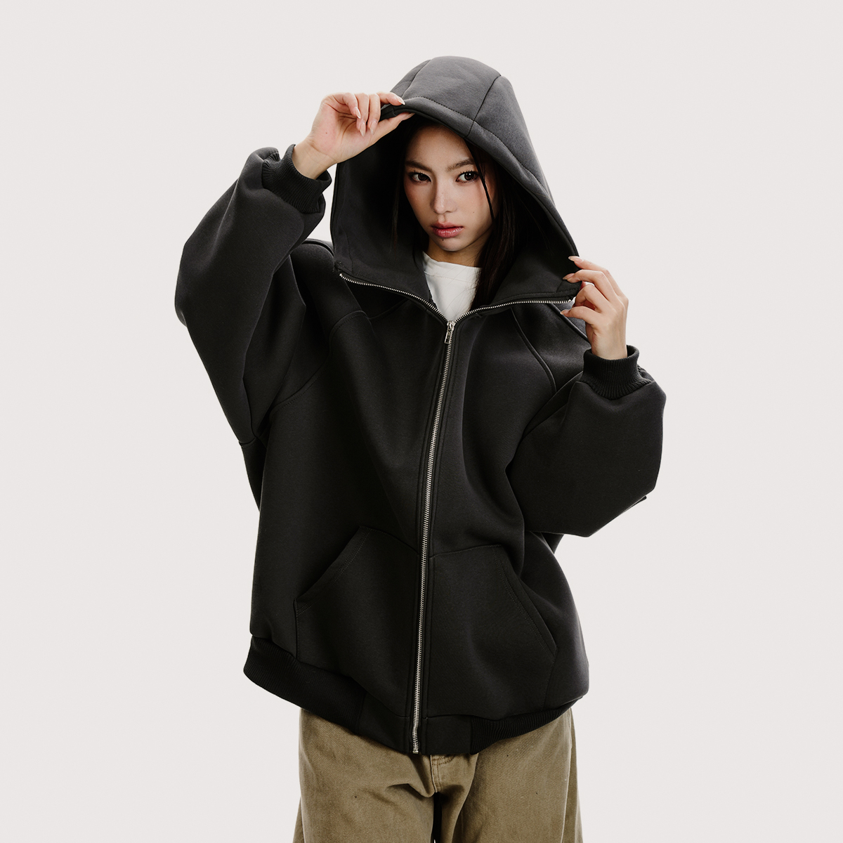 Heavyweight High Neck Hooded Cardigan Sweatshirt - Unisex Loose American Streetwear Jacket for Functional Style Heavyweight High Neck Hooded Cardigan Sweatshirt - Unisex Loose American Streetwear Jacket for Functional Style