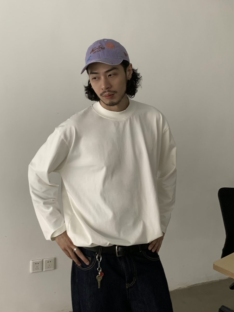 Heavyweight Pure Cotton Solid Color Round Neck Long Sleeve T-Shirt Unisex Vintage Casual Style 90s Trendy Base Shirt