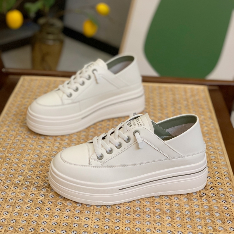 Height-Increasing White Sneakers for Women - Genuine Leather, Breathable Thick-Soled Casual Board Shoes, 6CM Platform for Petite Style