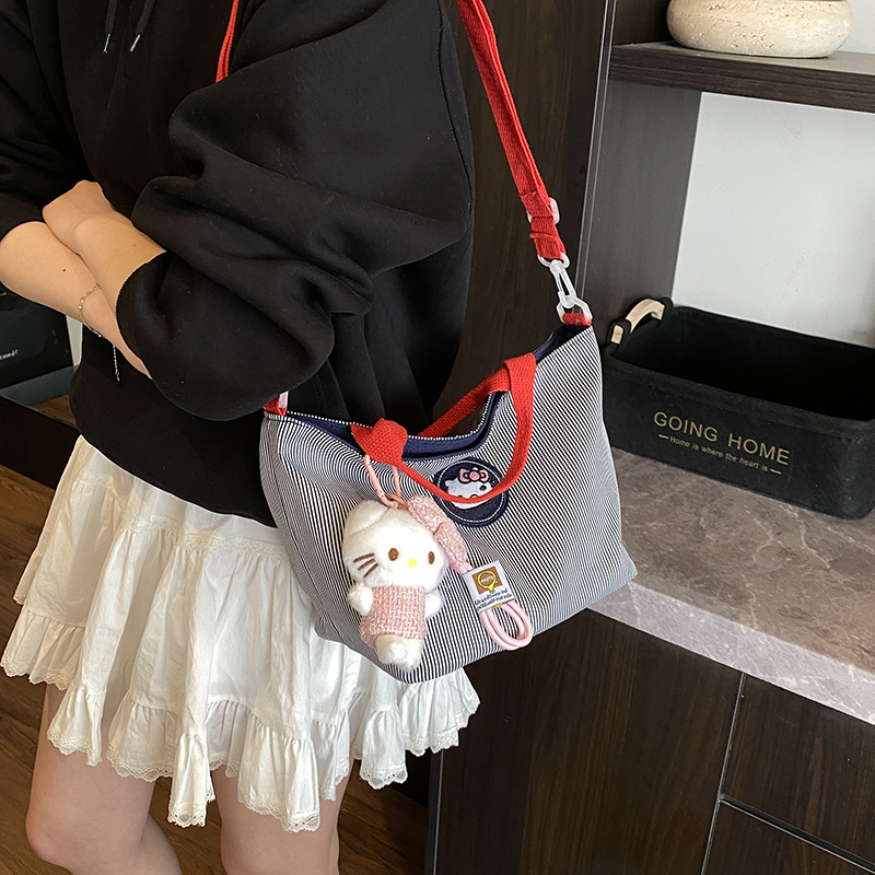 Hello Kitty Striped Canvas Tote Bag for Girls - Stylish Lunch, Commuting, and Everyday Essential Bag Hello Kitty Striped Canvas Tote Bag for Girls - Stylish Lunch, Commuting, and Everyday Essential Bag