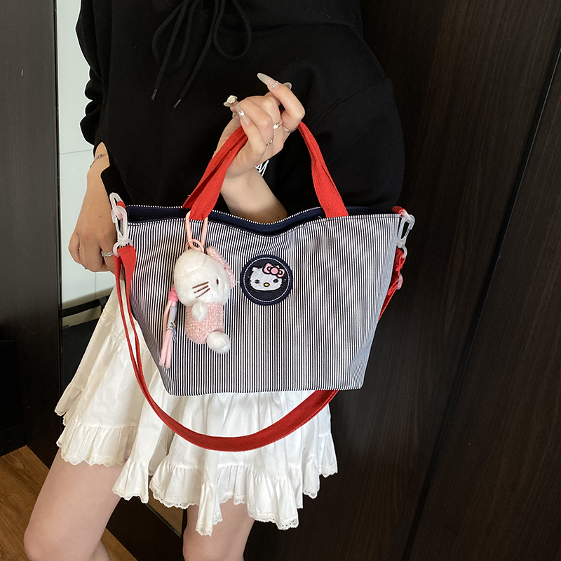 Hello Kitty Striped Canvas Tote Bag for Girls - Stylish Lunch, Commuting, and Everyday Essential Bag Hello Kitty Striped Canvas Tote Bag for Girls - Stylish Lunch, Commuting, and Everyday Essential Bag