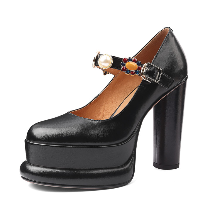 Hepburn-Style Square-Toe White Mary Jane Shoes for Women, Genuine Leather Chunky Heels, Spring Fashion Flats