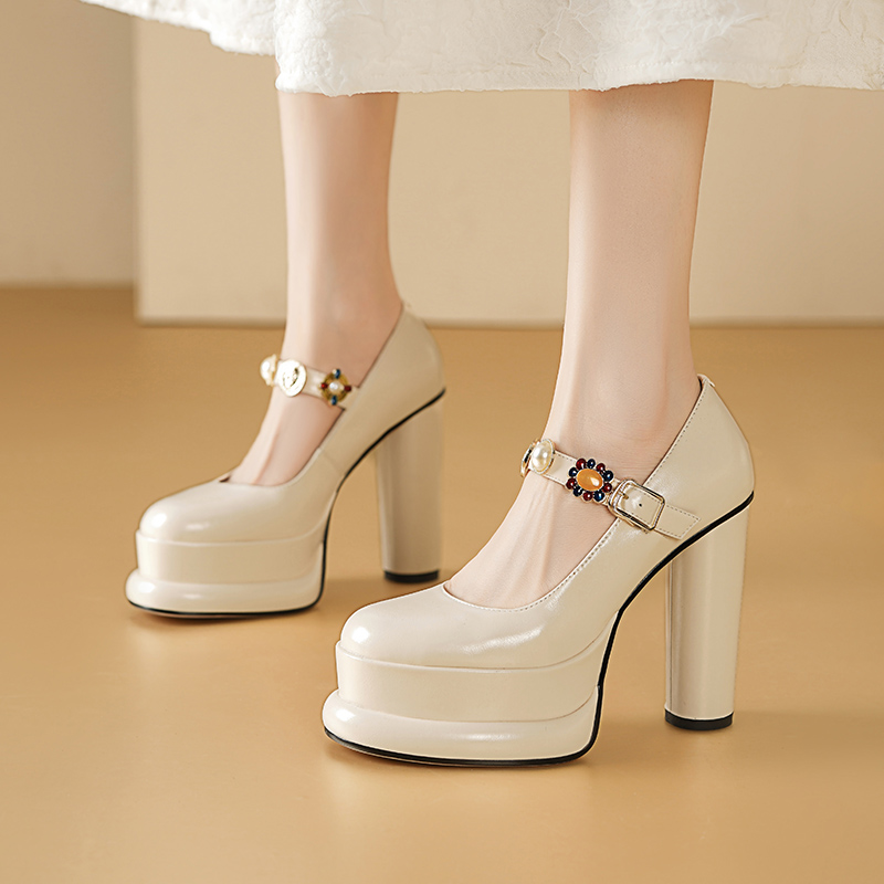 Hepburn-Style Square-Toe White Mary Jane Shoes for Women, Genuine Leather Chunky Heels, Spring Fashion Flats