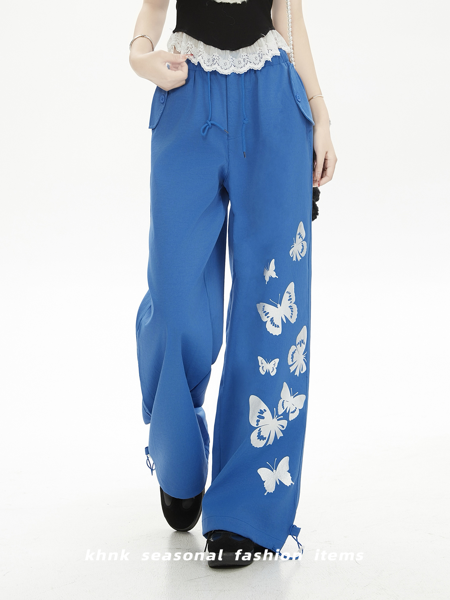 High-End Butterfly Print Casual Pants for Women - Slimming Loose Straight-Leg Summer Trousers in Lightweight Blue Fabric
