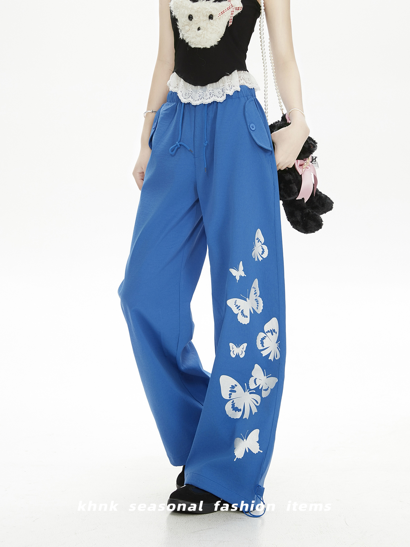 High-End Butterfly Print Casual Pants for Women - Slimming Loose Straight-Leg Summer Trousers in Lightweight Blue Fabric