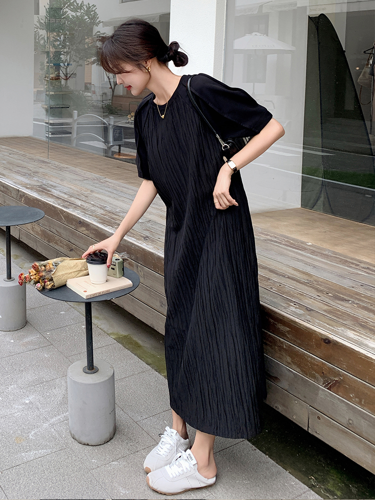 High-End Casual Loose Black Dress for Women - Relaxed Fit Ankle-Length Summer 2025 Style, Slimming Design