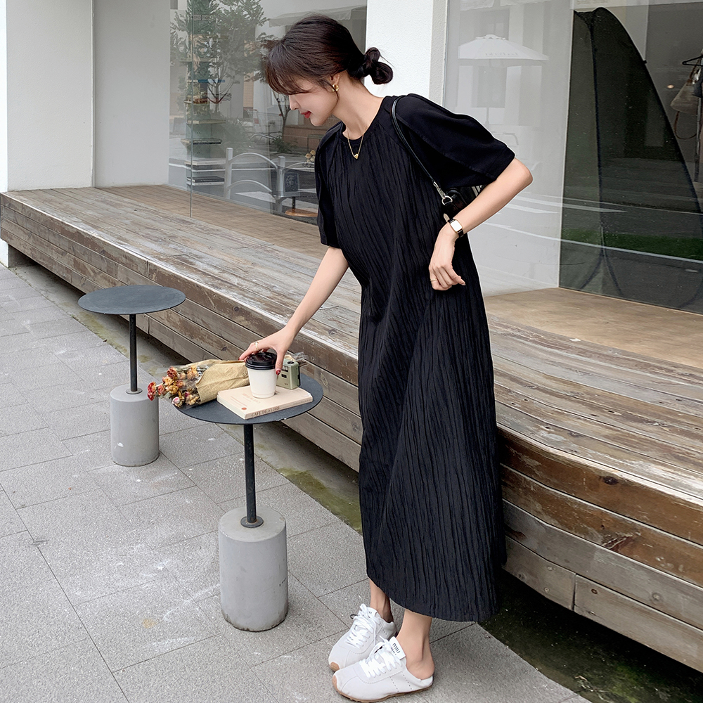 High-End Casual Loose Black Dress for Women - Relaxed Fit Ankle-Length Summer 2025 Style, Slimming Design