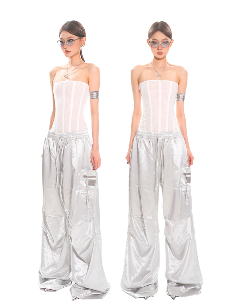 High-End Fabric Multi-Pocket Wide-Leg Workwear Pants for Women - Vintage Straight-Leg Style for Summer Street Dance Fashion