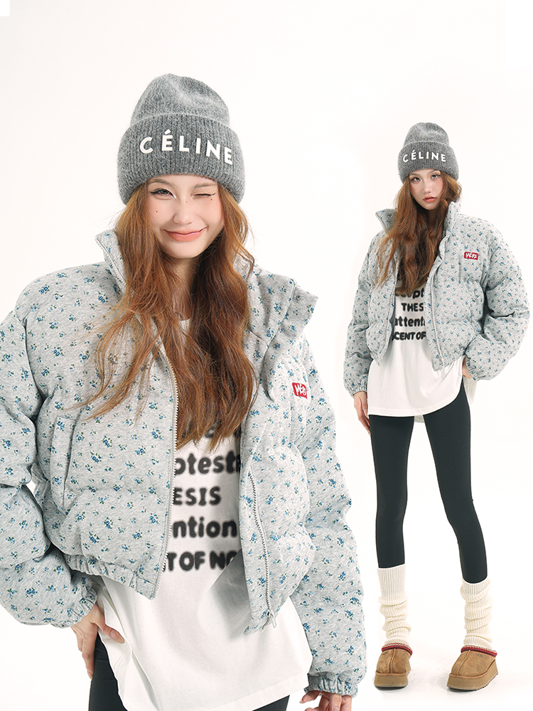 High-End Floral Short Cotton Jacket for Petite Women - Thick & Warm Winter Outerwear in American Style