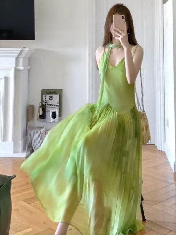 High-End French Style Green Gradient Camisole Dress - Summer Seaside Vacation Long Skirt with Gentle Wind Elegance High-End French Style Green Gradient Camisole Dress - Summer Seaside Vacation Long Skirt with Gentle Wind Elegance