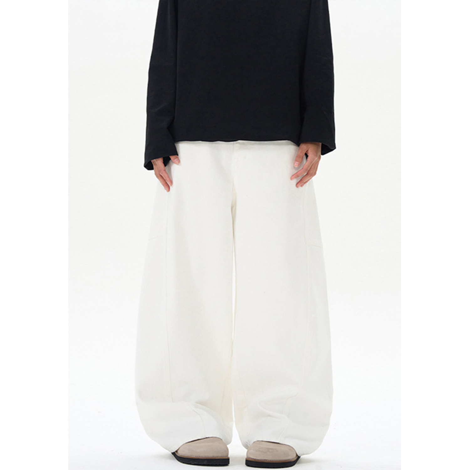 High-End Minimalist White Curved Blade Jeans for Men and Women - Versatile Relaxed Fit Floor-Length Pants