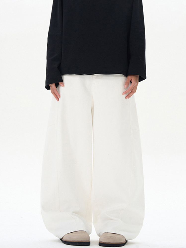 High-End Minimalist White Curved Blade Jeans for Men and Women - Versatile Relaxed Fit Floor-Length Pants