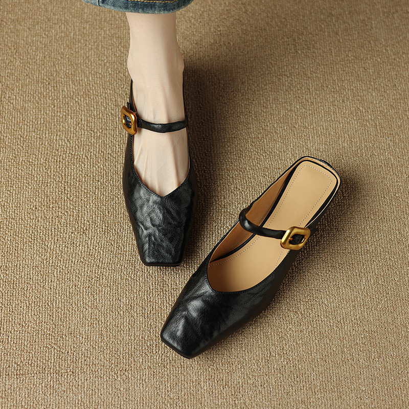 High-End Slimming V-Shaped Retro Gold Buckle Mary Jane Half-Drag Sandals for Women - Summer Outdoor Fashion