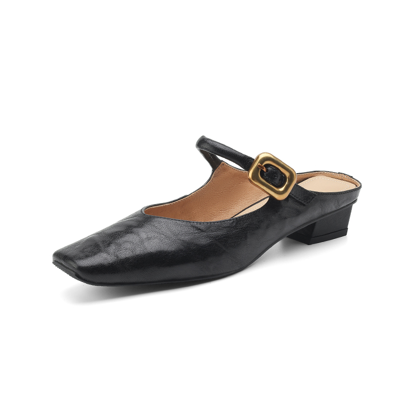 High-End Slimming V-Shaped Retro Gold Buckle Mary Jane Half-Drag Sandals for Women - Summer Outdoor Fashion