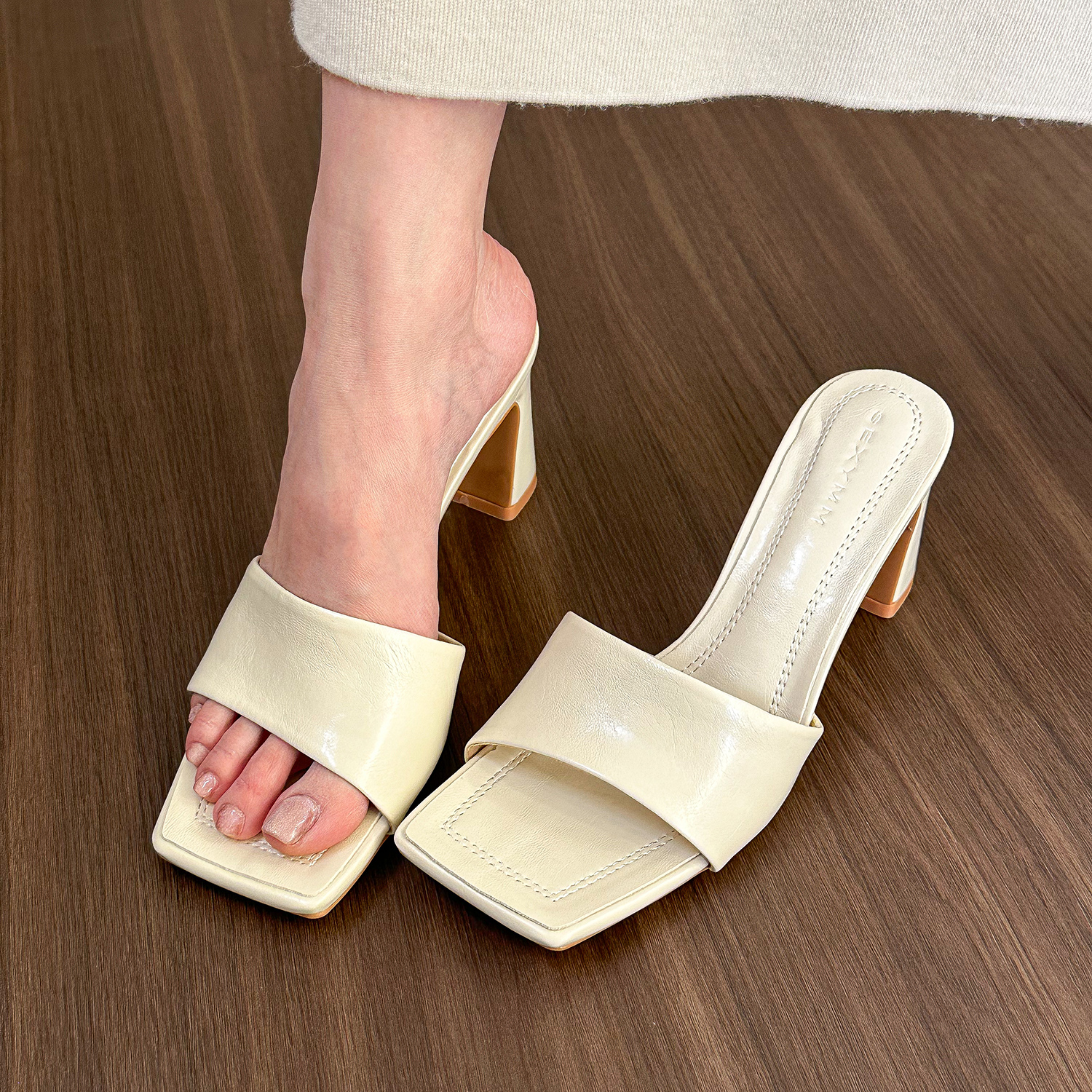 High-End Square Toe One-Strap Open-Toe Sandals for Women - Summer Soft Leather High Heels Mules, Chic Fashion Footwear