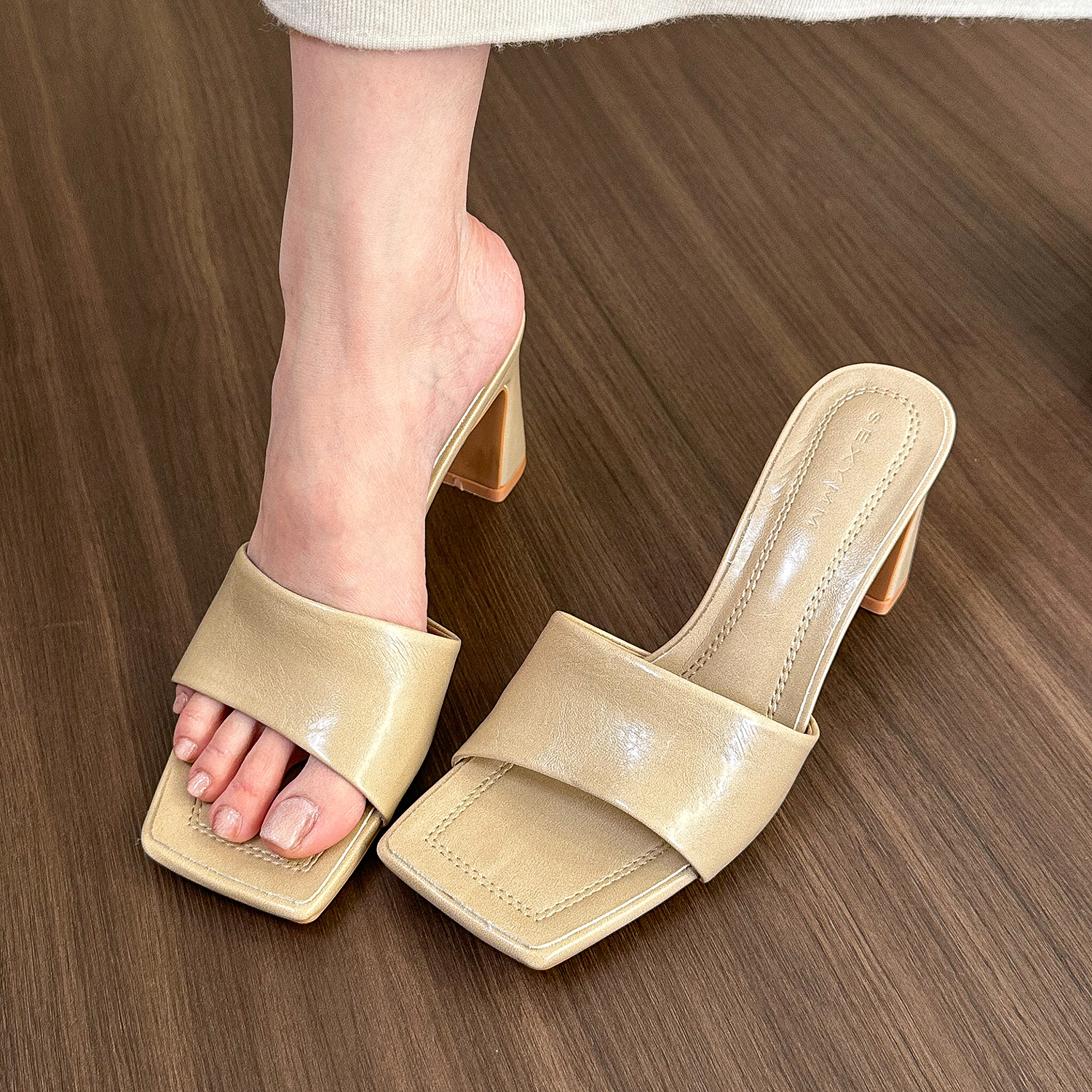 High-End Square Toe One-Strap Open-Toe Sandals for Women - Summer Soft Leather High Heels Mules, Chic Fashion Footwear High-End Square Toe One-Strap Open-Toe Sandals for Women - Summer Soft Leather High Heels Mules, Chic Fashion Footwear
