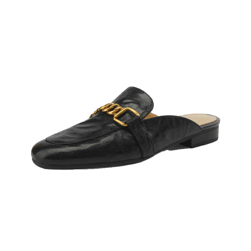 High-End Vintage Metal Chain Soft Lambskin Closed-Toe Mules for Women - Summer Outdoor Lazy Sandals