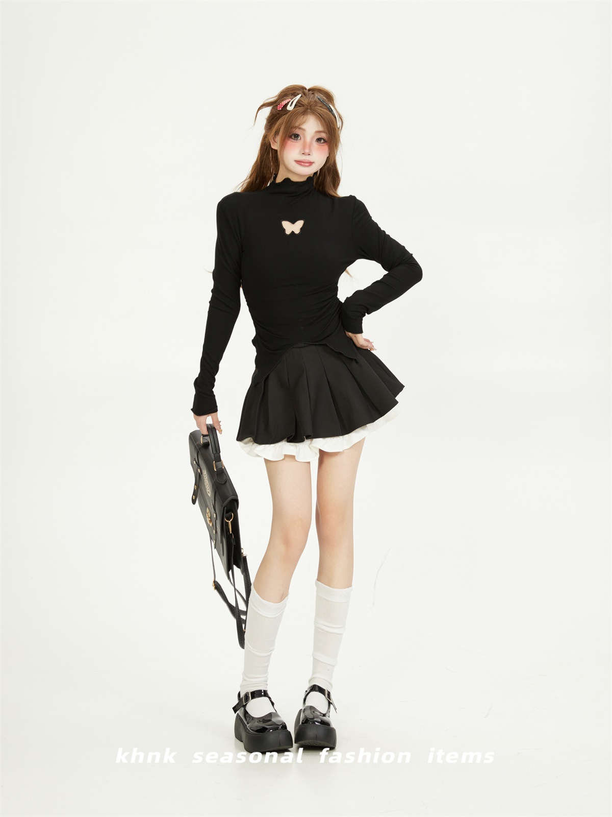 High-Neck Butterfly Hollowed-Out Split Base Shirt for Women, Sweet Wood Ear Edge Top for Spring & Autumn Outfits