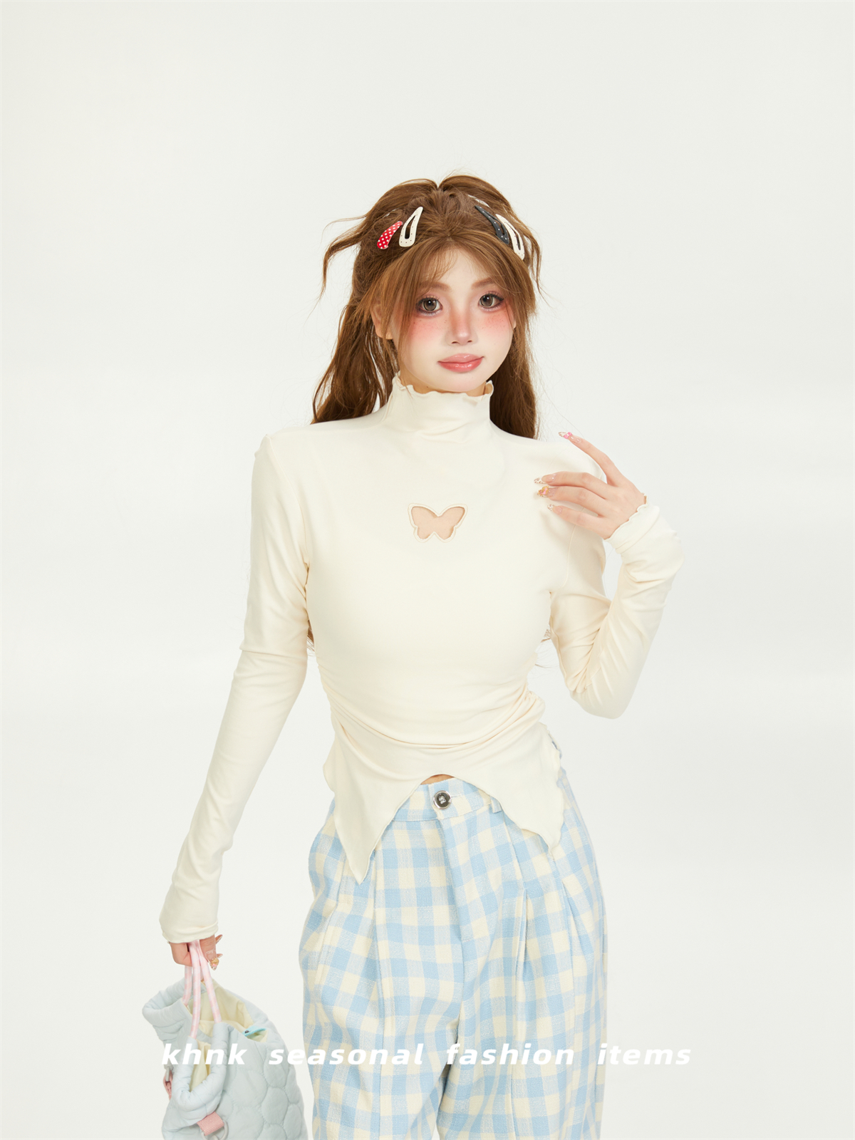 High-Neck Butterfly Hollowed-Out Split Base Shirt for Women, Sweet Wood Ear Edge Top for Spring & Autumn Outfits High-Neck Butterfly Hollowed-Out Split Base Shirt for Women, Sweet Wood Ear Edge Top for Spring & Autumn Outfits