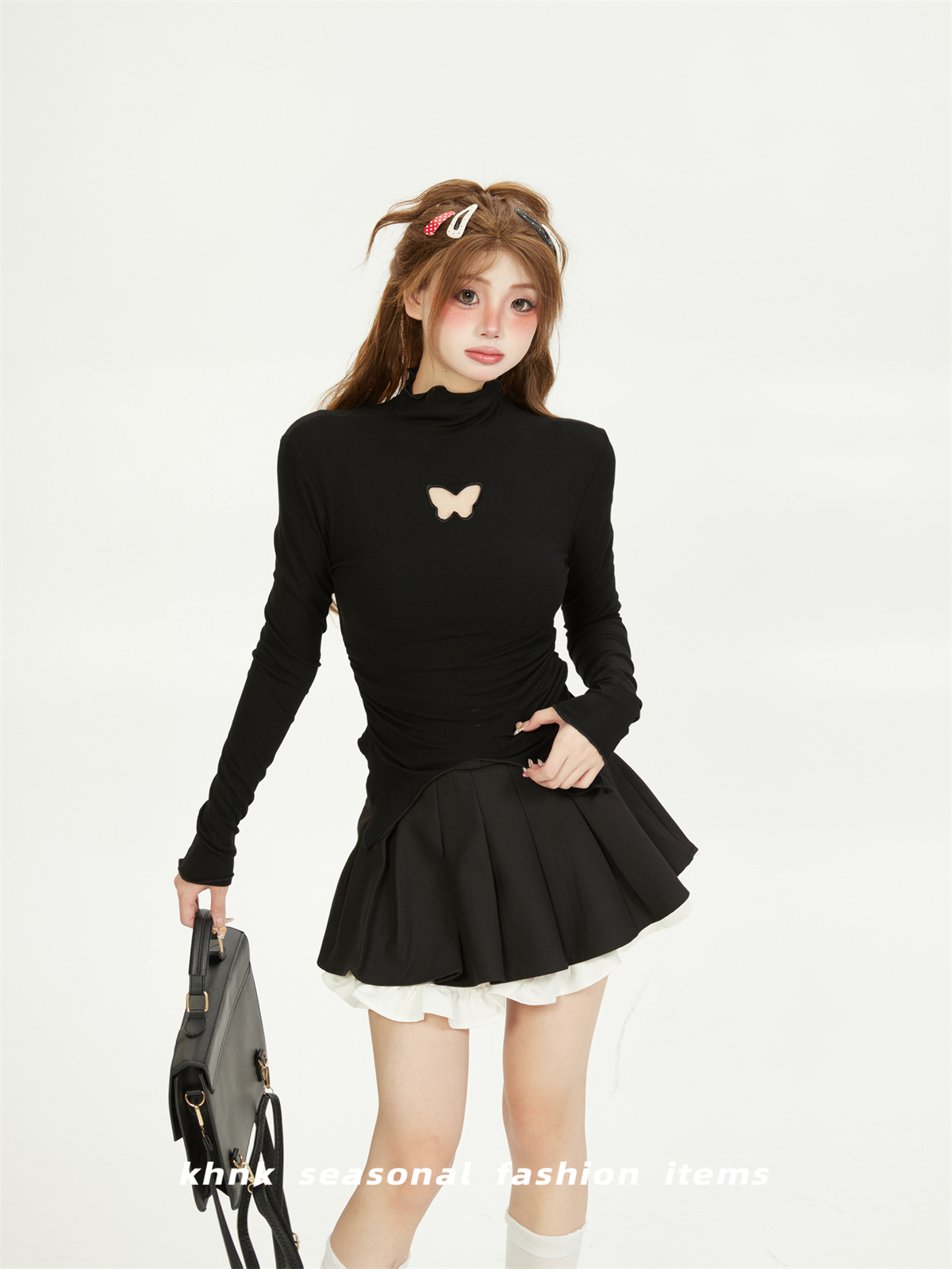 High-Neck Butterfly Hollowed-Out Split Base Shirt for Women, Sweet Wood Ear Edge Top for Spring & Autumn Outfits High-Neck Butterfly Hollowed-Out Split Base Shirt for Women, Sweet Wood Ear Edge Top for Spring & Autumn Outfits