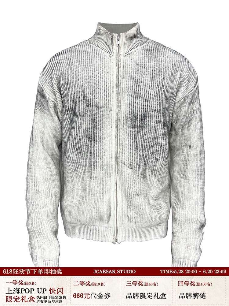 High Neck Cardigan Sweater with Carbon Stain Design and YKK Zipper â€“ Trendy 90s-Inspired Dirty Dyed Knitwear