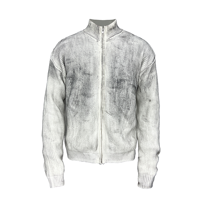 High Neck Cardigan Sweater with Carbon Stain Design and YKK Zipper â€“ Trendy 90s-Inspired Dirty Dyed Knitwear