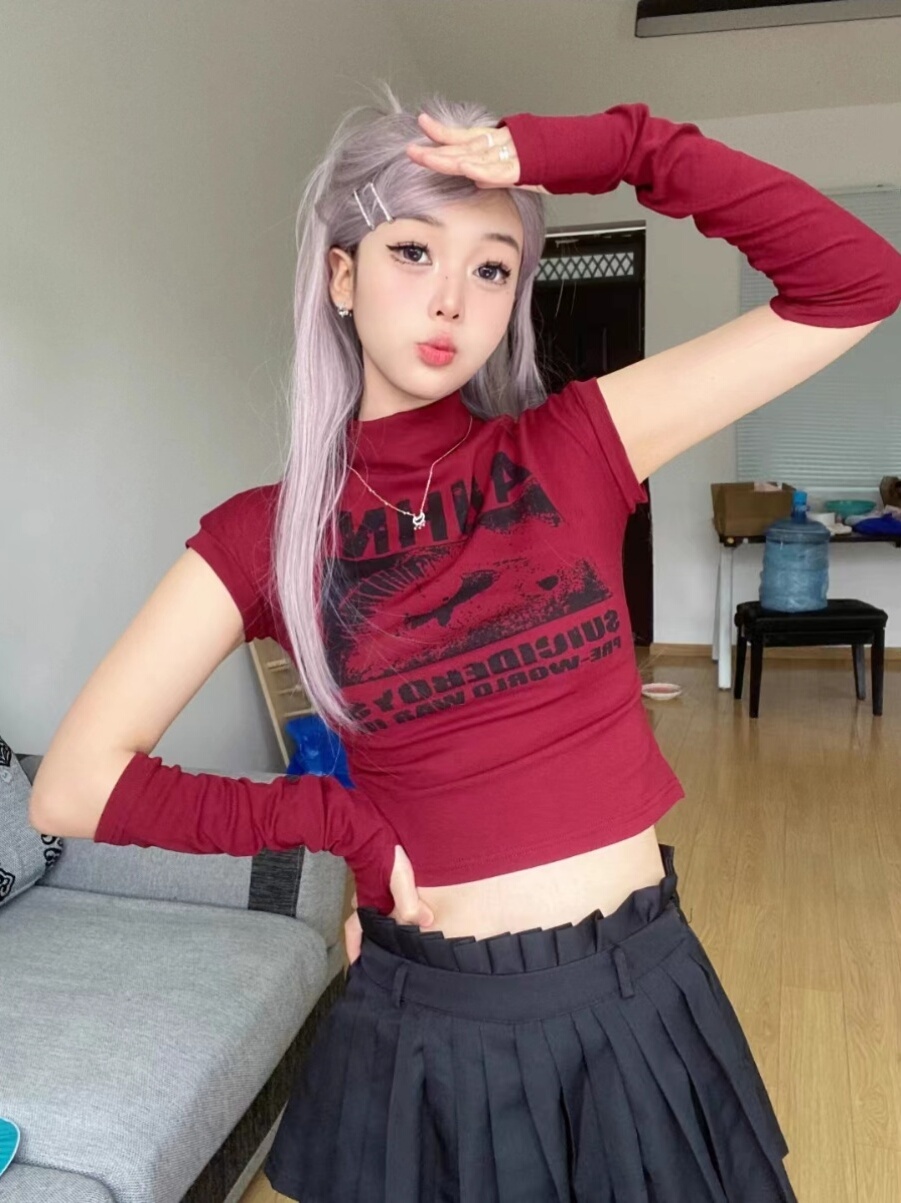 High-Neck Fitted Red Jazz Dance Top for Women, Sweet and Spicy Base Layer Shirt for Autumn and Winter Fashion