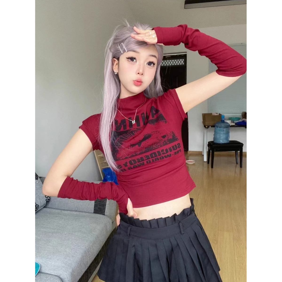 High-Neck Fitted Red Jazz Dance Top for Women, Sweet and Spicy Base Layer Shirt for Autumn and Winter Fashion