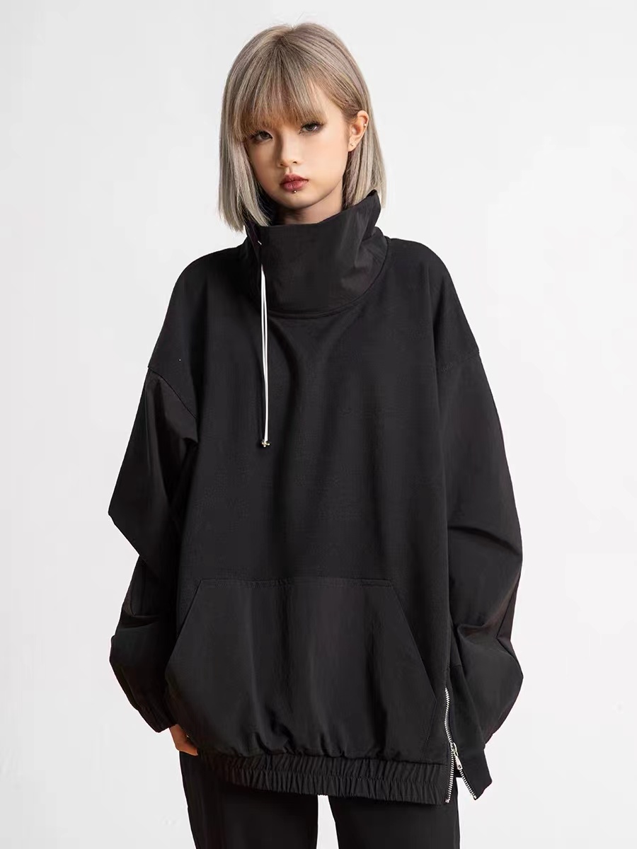 High-Neck Half-Zip Drawstring Sweatshirt - American Retro High Street Black Windbreaker for Y2K Style and Functional Fashion