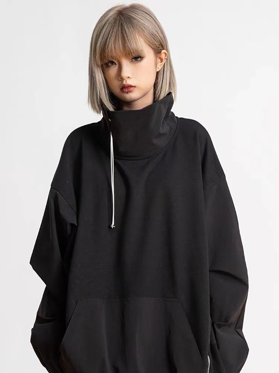 High-Neck Half-Zip Drawstring Sweatshirt - American Retro High Street Black Windbreaker for Y2K Style and Functional Fashion High-Neck Half-Zip Drawstring Sweatshirt - American Retro High Street Black Windbreaker for Y2K Style and Functional Fashion
