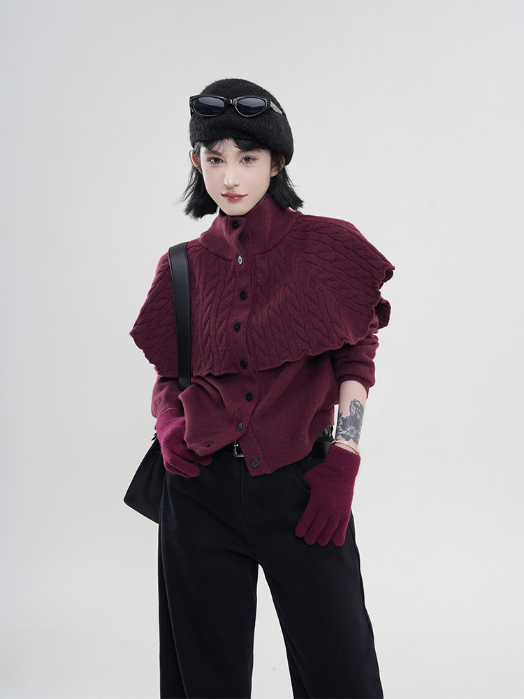 High-Neck Long Sleeve Knitted Cardigan Sweater Coat for Women - Solid Color, Fake Two-Piece, Korean Autumn Winter Style