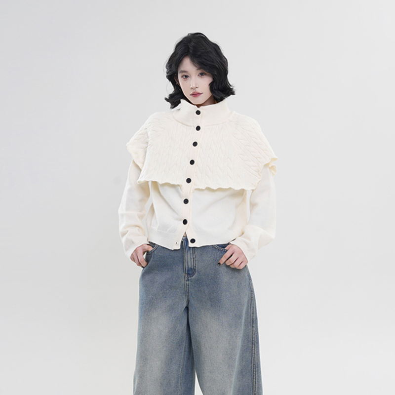 High-Neck Long Sleeve Knitted Cardigan Sweater Coat for Women - Solid Color, Fake Two-Piece, Korean Autumn Winter Style