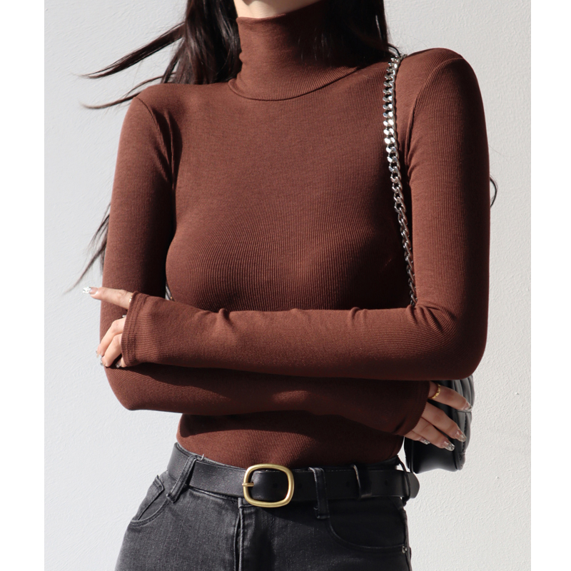 High-Neck Ribbed Long Sleeve T-Shirt - American Style Slim-Fit Vintage Stretchy Base Layer Top for a Sexy, Form-Fitting Look