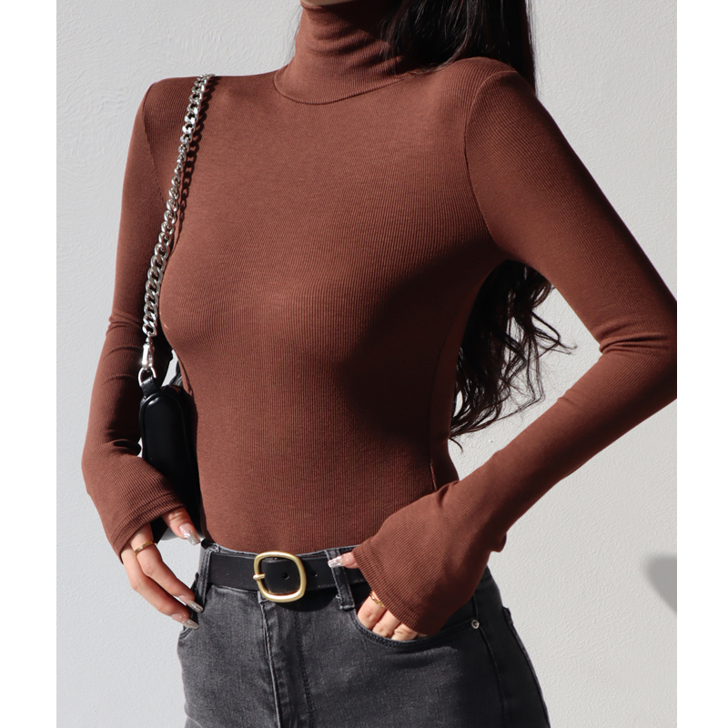 High-Neck Ribbed Long Sleeve T-Shirt - American Style Slim-Fit Vintage Stretchy Base Layer Top for a Sexy, Form-Fitting Look High-Neck Ribbed Long Sleeve T-Shirt - American Style Slim-Fit Vintage Stretchy Base Layer Top for a Sexy, Form-Fitting Look