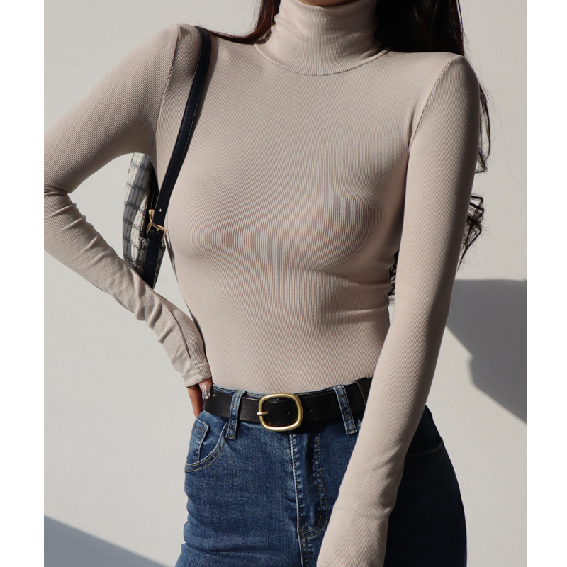 High-Neck Ribbed Long Sleeve T-Shirt - American Style Slim-Fit Vintage Stretchy Base Layer Top for a Sexy, Form-Fitting Look High-Neck Ribbed Long Sleeve T-Shirt - American Style Slim-Fit Vintage Stretchy Base Layer Top for a Sexy, Form-Fitting Look