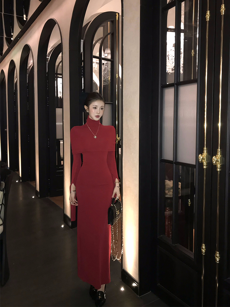 High Neck Shawl Dress - Retro Bodycon Skirt in Hong Kong Style for Women - Autumn Winter 2025 Fashion