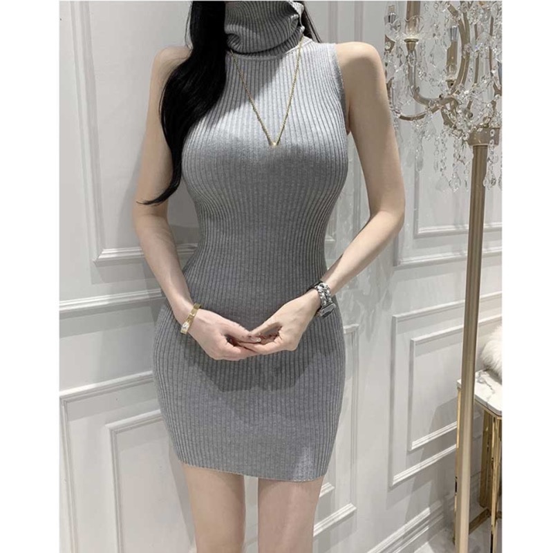 High-Neck Sleeveless Knitted Bodycon Dress for Women - Sexy Korean Dongdaemun Style, Perfect for 90s and Y2K Fashion Lovers High-Neck Sleeveless Knitted Bodycon Dress for Women - Sexy Korean Dongdaemun Style, Perfect for 90s and Y2K Fashion Lovers