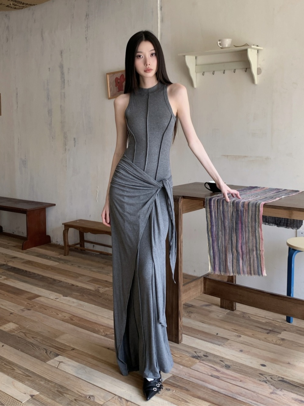 High-Quality Gray Modal Bodycon Vest Dress - Slim Fit Faux Two-Piece Sexy Long Dress for Women - Summer Fashion Essential