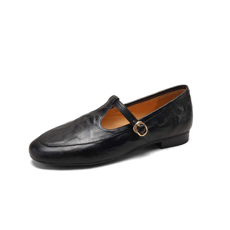 High-Quality Retro Hong Kong Style T-Strap Mary Jane Shoes in Sheepskin with Round Toe, Soft Sole, and Flat Heel