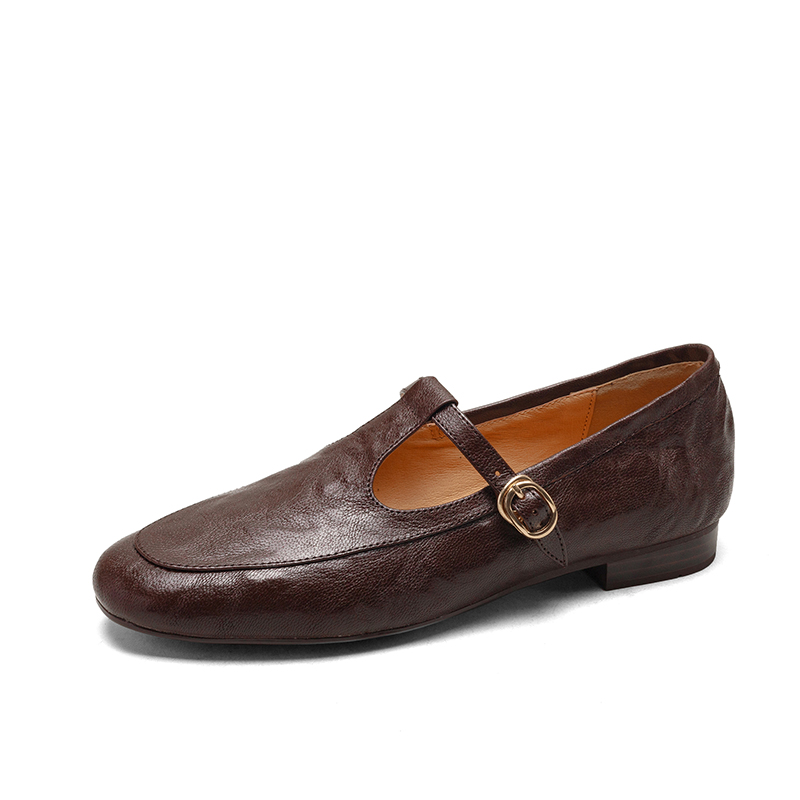 High-Quality Retro Hong Kong Style T-Strap Mary Jane Shoes in Sheepskin with Round Toe, Soft Sole, and Flat Heel High-Quality Retro Hong Kong Style T-Strap Mary Jane Shoes in Sheepskin with Round Toe, Soft Sole, and Flat Heel