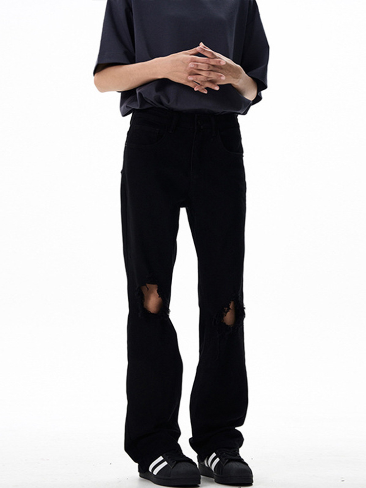 High Street Black Micro-Flare Ripped Jeans for Men and Women - Slim Fit, Flattering Versatile Long Pants for Summer Style